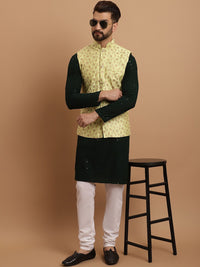 SOJANYA Etnik Sulam Labuci Kapas Tulen Kurta & Churidar Dengan Jaket Nehru