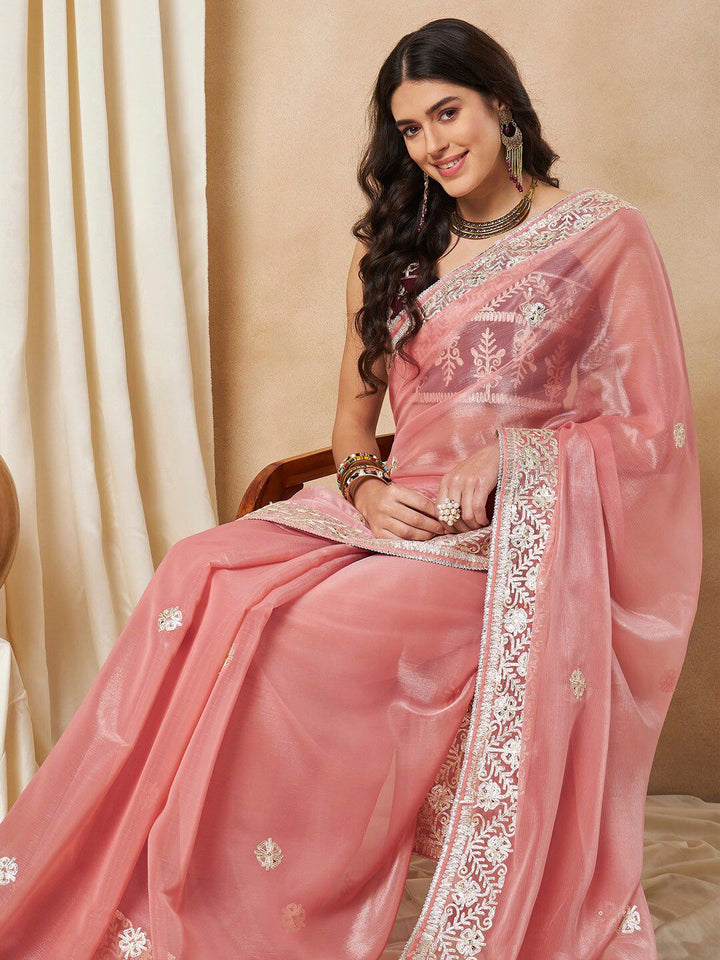 Saree mall Peach Ethnic Motifs Embellished Gotta Patti Organza Saree