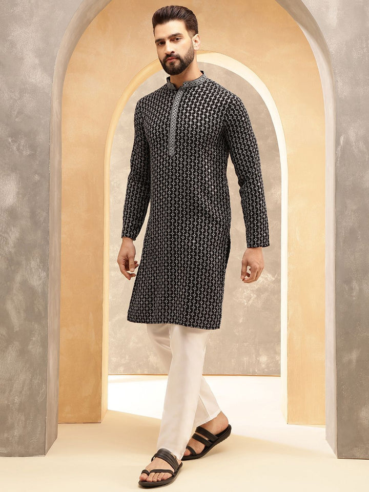 Anouk Grey Floral Embroidered Mandarin Collar Sequinned Pure Cotton Kurta With Pyjama