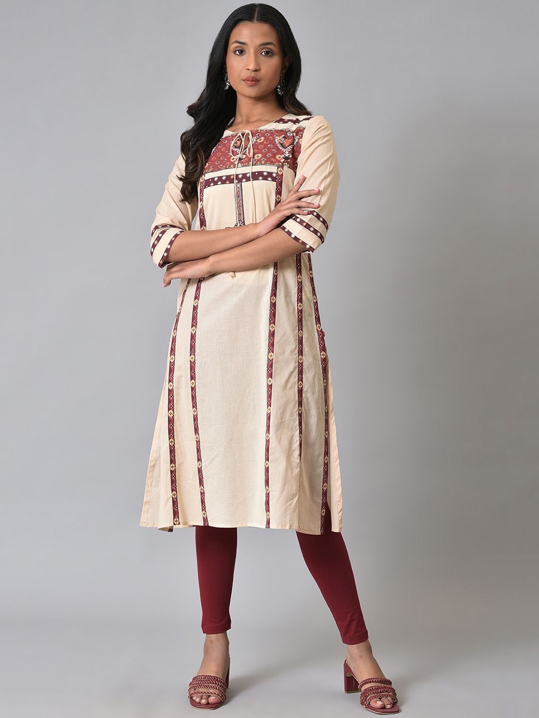 W Ethnic Motif Printed Tie Up Neck A-Line Kurta