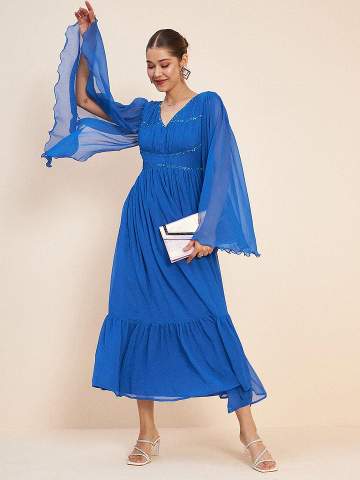Antheaa Blue V-Neck Slit Sleeves Embellished Detail Maxi Dress