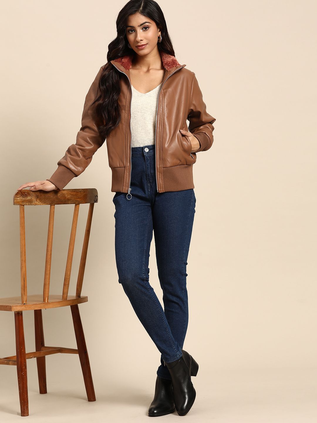 all about you Women Brown Faux Leather Bomber Jacket