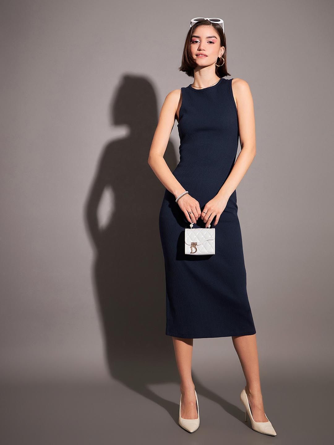 SASSAFRAS Navy Blue Ribbed Sheath Midi Dress