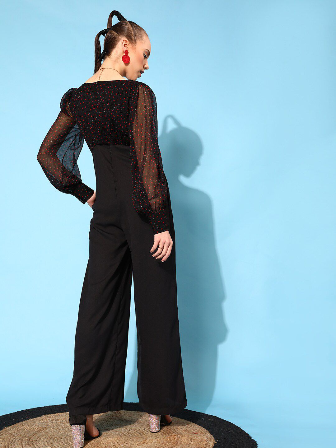 STREET 9 Black & Red Printed Puff Sleeves Basic Jumpsuit