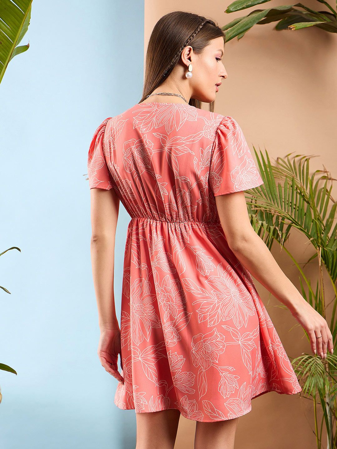 SASSAFRAS Floral Printed V Neck Flared Sleeves A-Line Dress