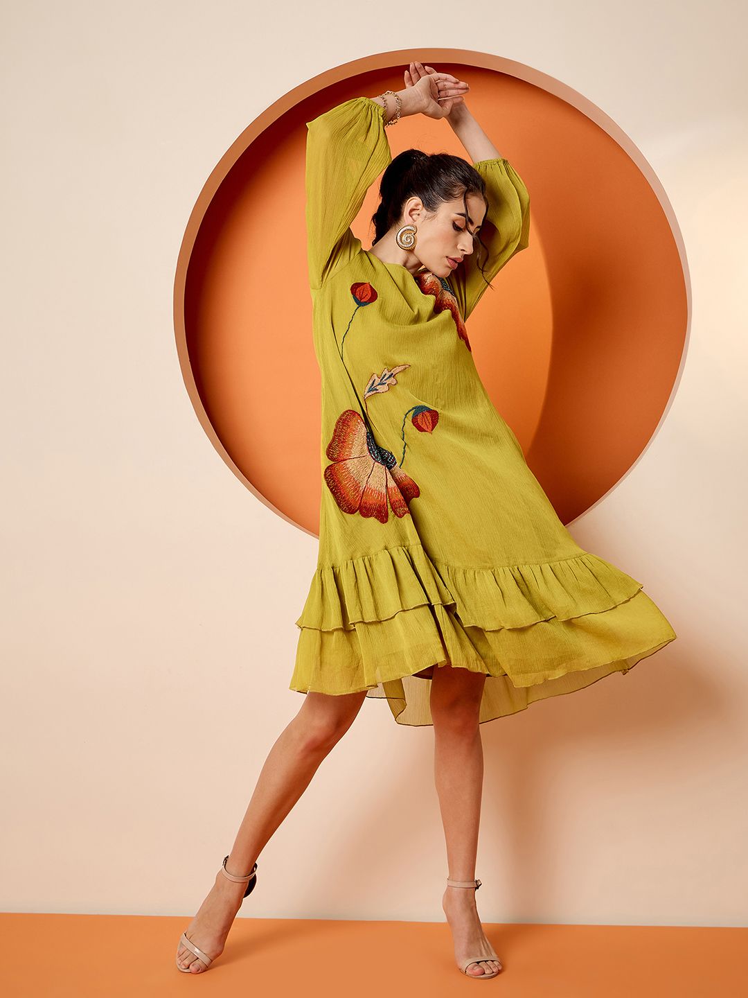 Antheaa Chiffon Embroidered A-Line Knee Length Dress