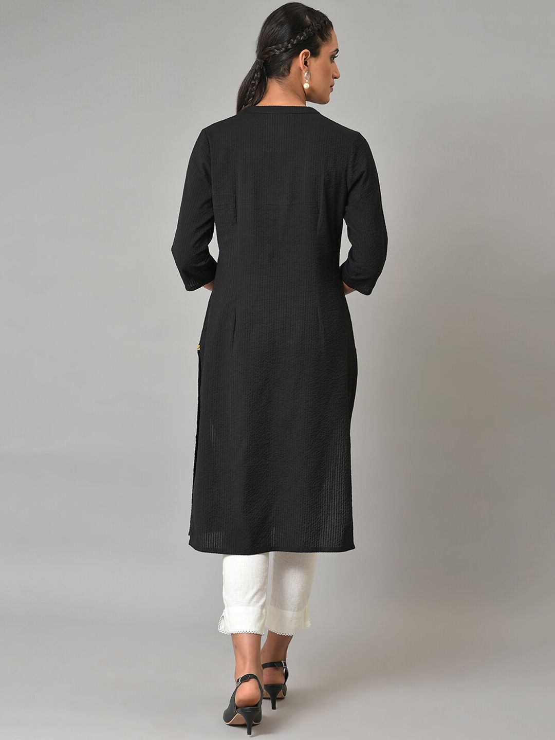 AURELIA Self Design Band Collar Pure Cotton Kurta