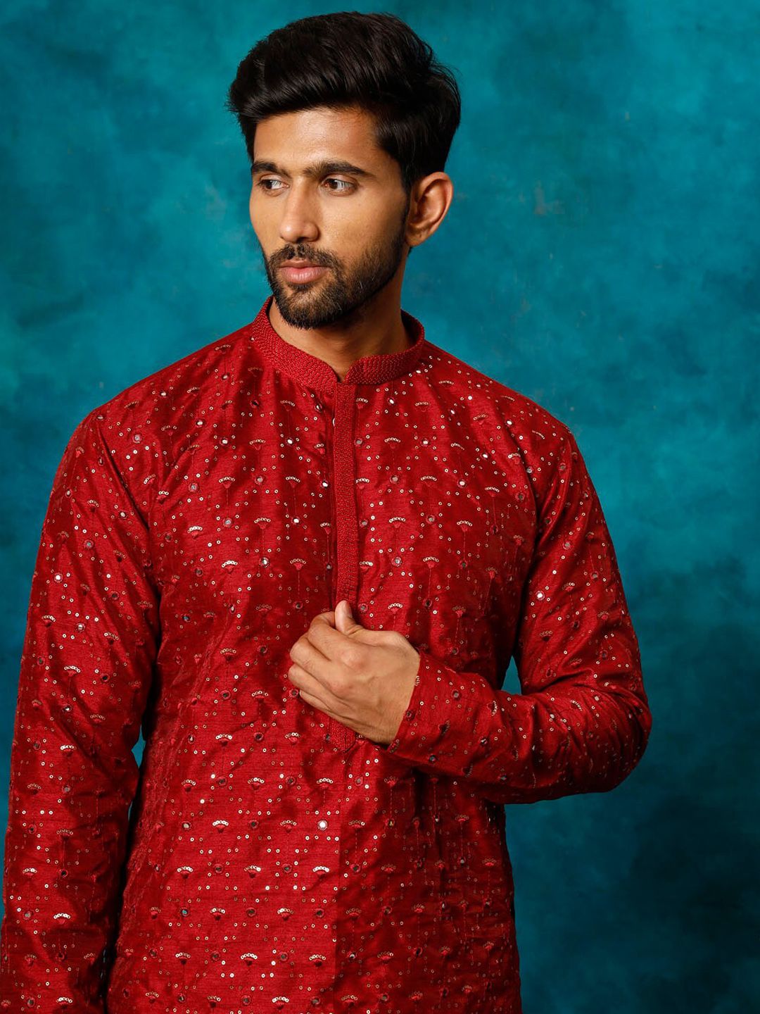 VASTRAMAY Embellished Mirror Work Mandarin Collar Straight Kurta
