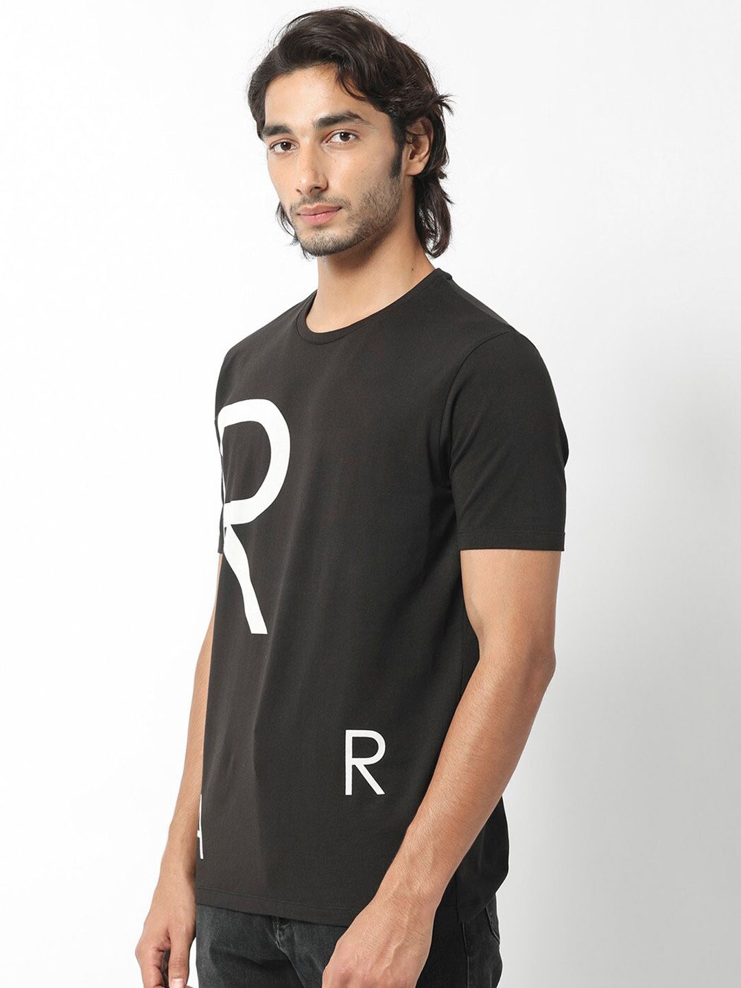 RARE RABBIT Men Drover Typography Printed Slim Fit Cotton T-Shirt