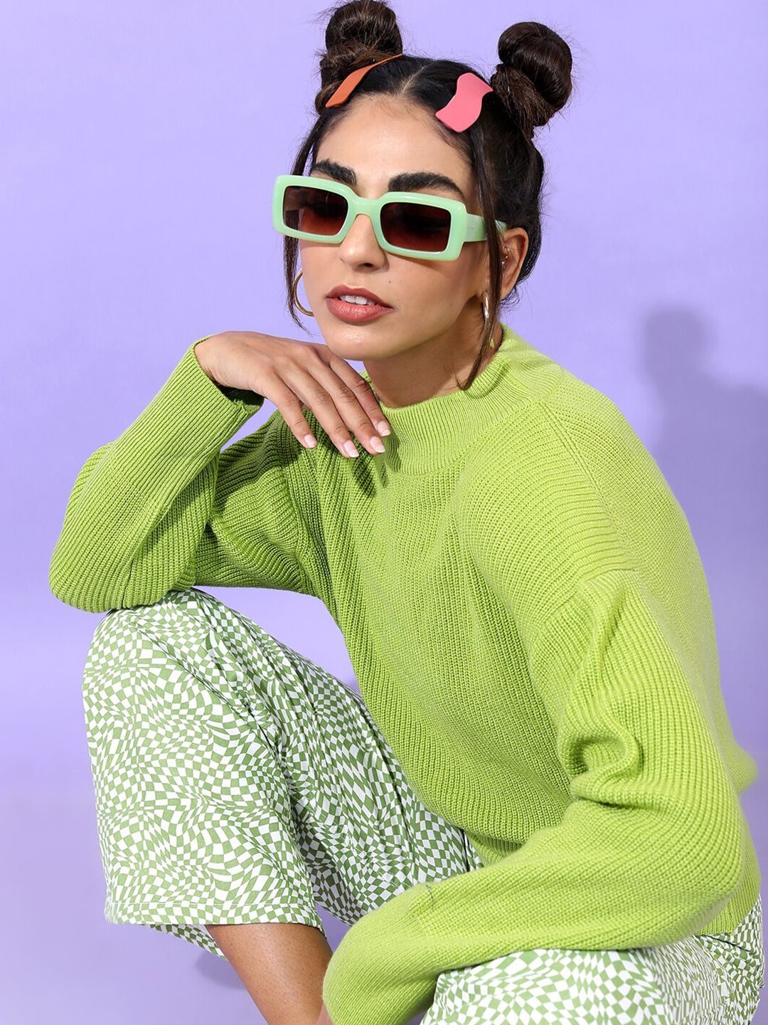 Tokyo Talkies Women Green Cable Knit Acrylic Pullover