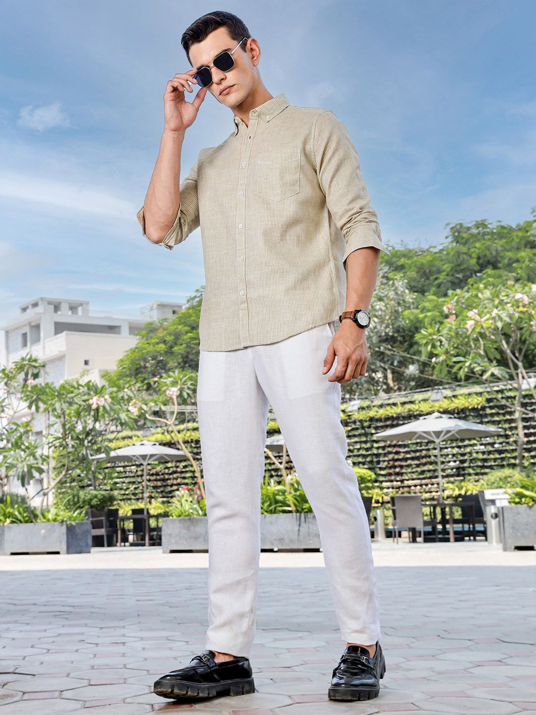 Thomas Scott Men Premium Fit Button-Down Collar Pinstripes Striped Linen Casual Shirt