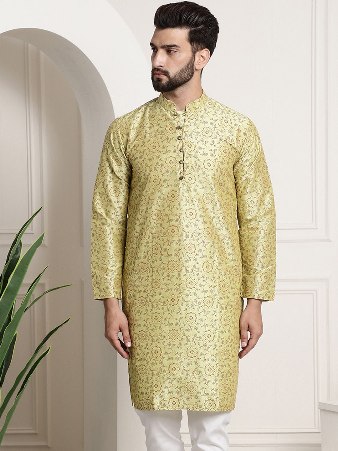 SOJANYA Men Green & Brown Ethnic Motifs Printed Kurta