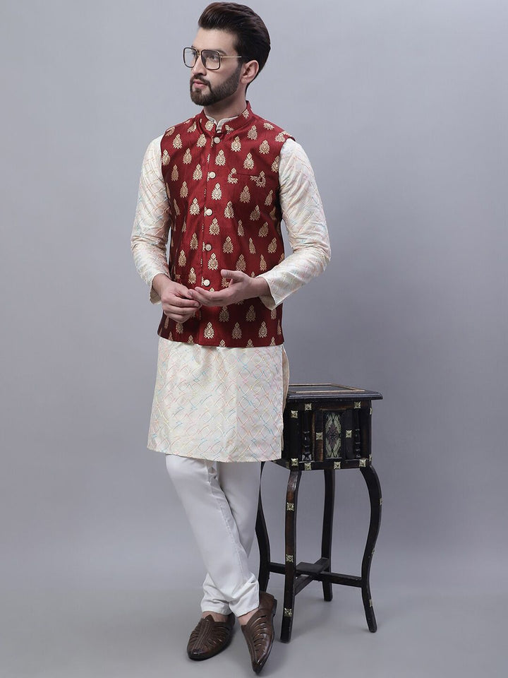 SOJANYA Embroidered Mandarin Collar Kurta with Pyjamas & Nahru Jacket