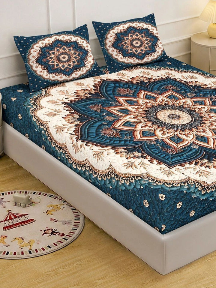 KLOTTHE Blue Floral 400 TC King Bedsheet with 2 Pillow Covers