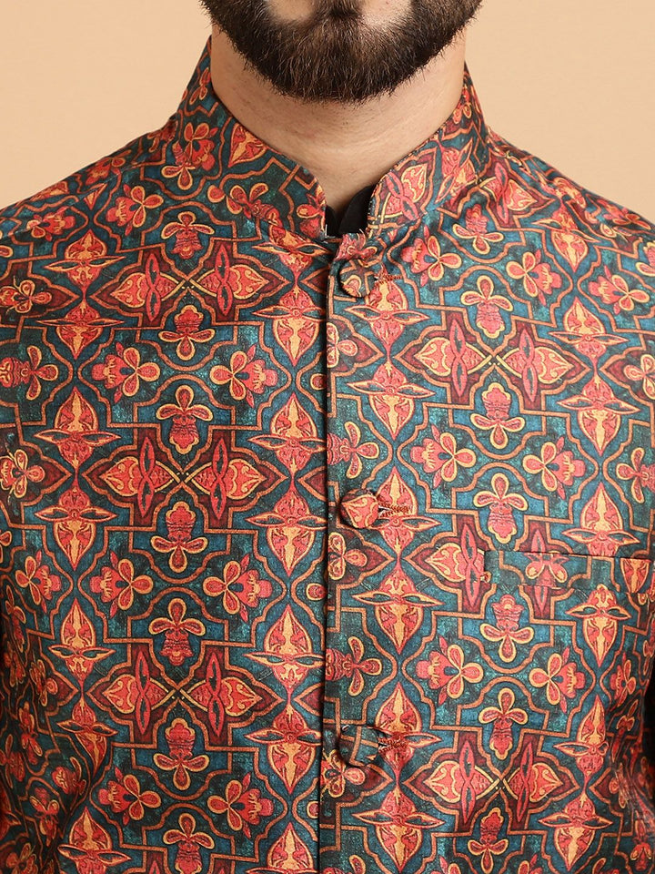 SOJANYA Kurta Lelaki Hitam & Biru Laut dengan Jaket Churidar & Nehru Bercetak