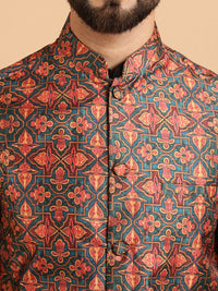 SOJANYA Kurta Lelaki Hitam & Biru Laut dengan Jaket Churidar & Nehru Bercetak