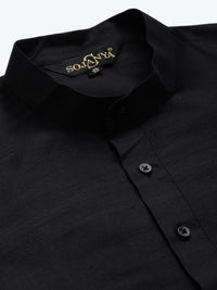 SOJANYA Men Black Solid Kurta with Churidar & Nehru Jacket