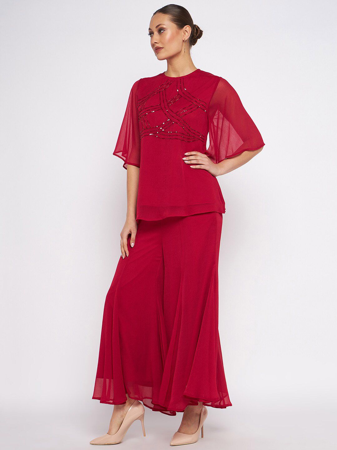 Antheaa Embellished Top & Palazzos Co-Ords Set