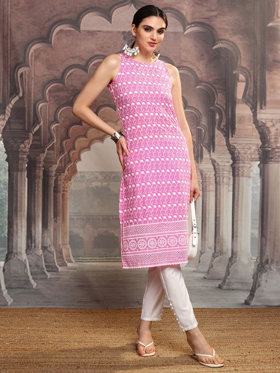 Vishudh Pink Floral Embroidered Round Neck Sleeveless Schiffli Work Straight Kurta
