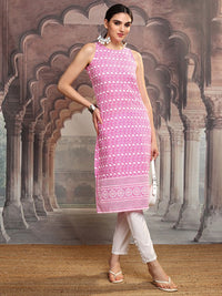 Vishudh Pink Floral Embroidered Round Neck Sleeveless Schiffli Work Straight Kurta