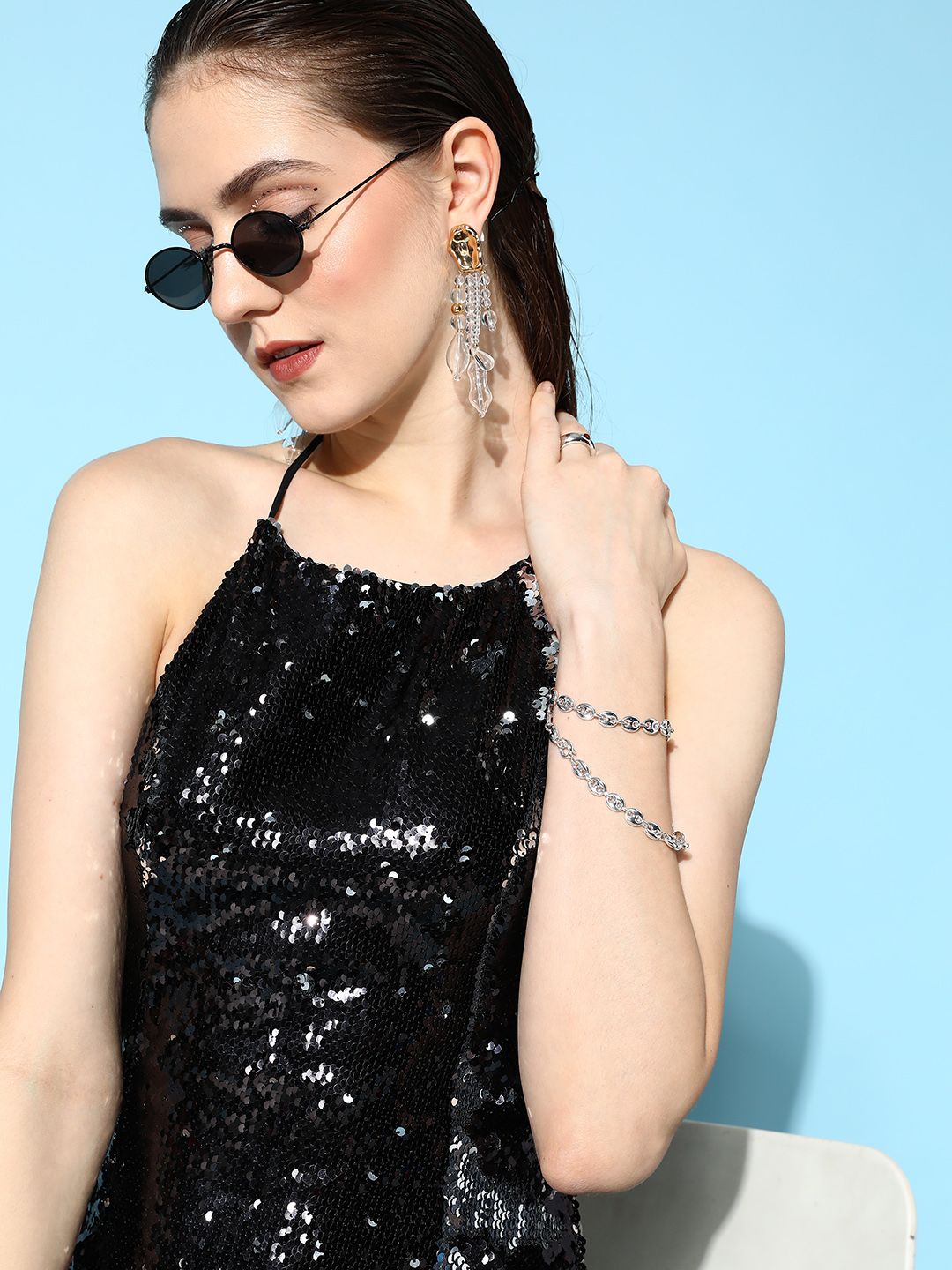 Berrylush Black Halter Neck Sequined Bodycon Maxi Dress