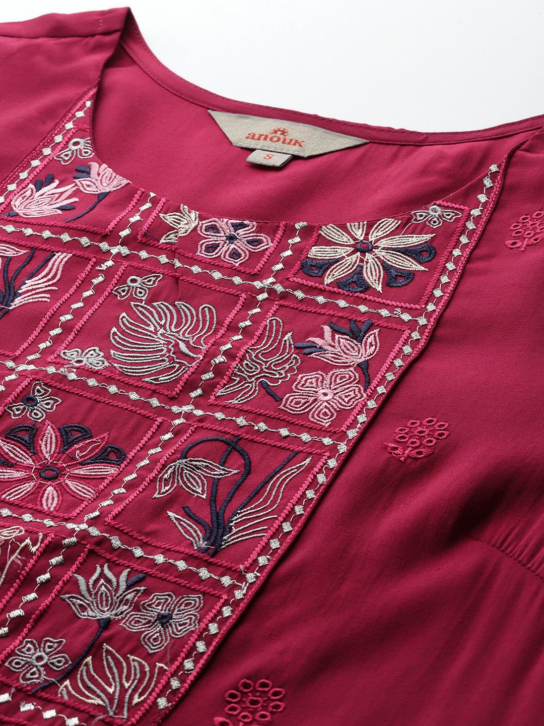 Anouk Floral Yoke Design Empire Style A-Line Kurta with Trousers & Dupatta