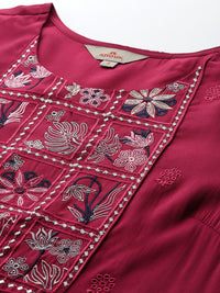 Anouk Floral Yoke Design Empire Style A-Line Kurta with Trousers & Dupatta