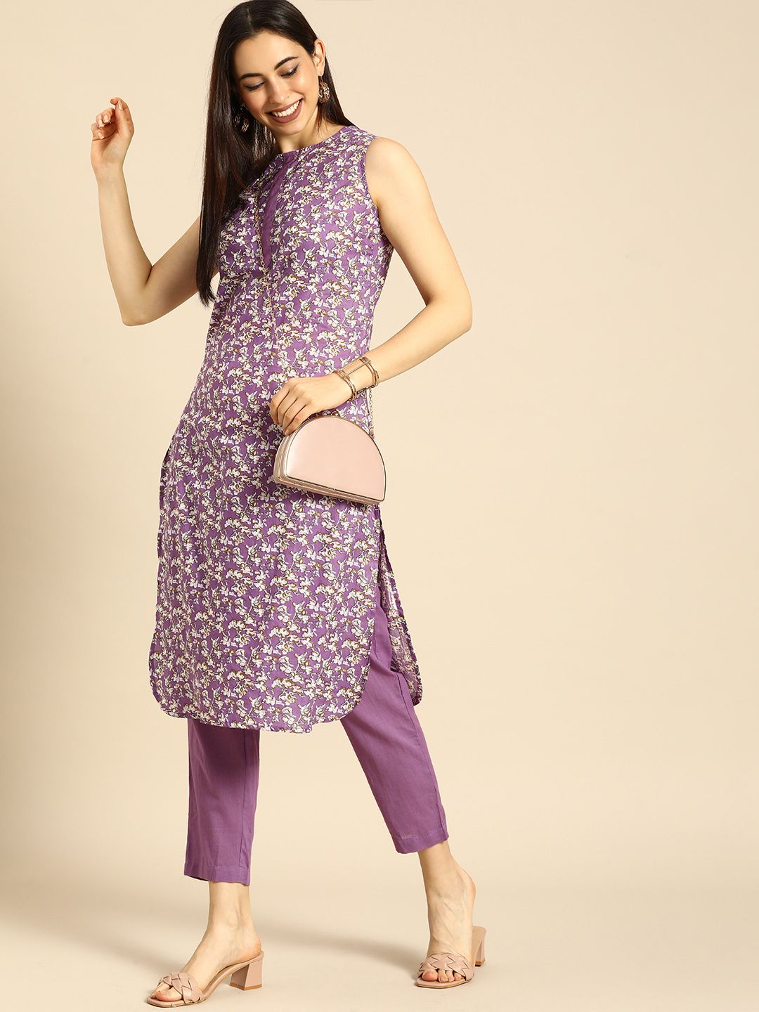 Anouk Women Lavender Floral Printed Regular Pure Cotton Kurta with Trousers