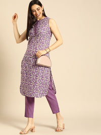 Anouk Women Lavender Floral Printed Regular Pure Cotton Kurta with Trousers