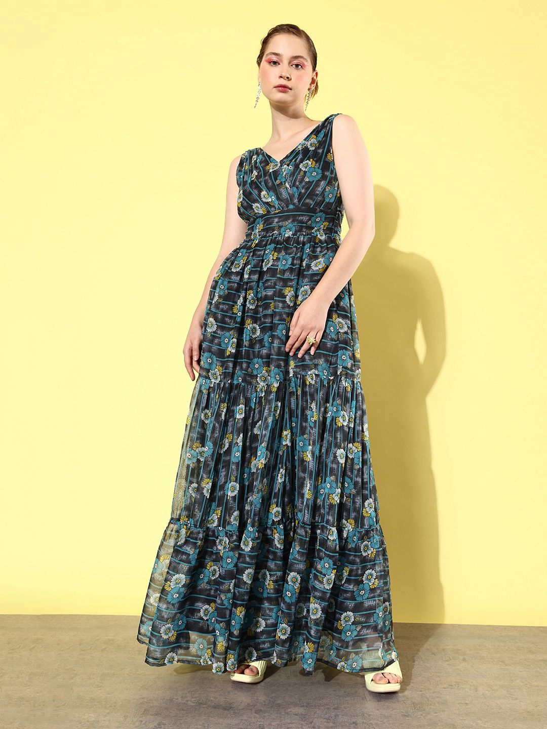 QUIERO Floral Printed Tie-Ups Detailed Georgette Maxi Dress