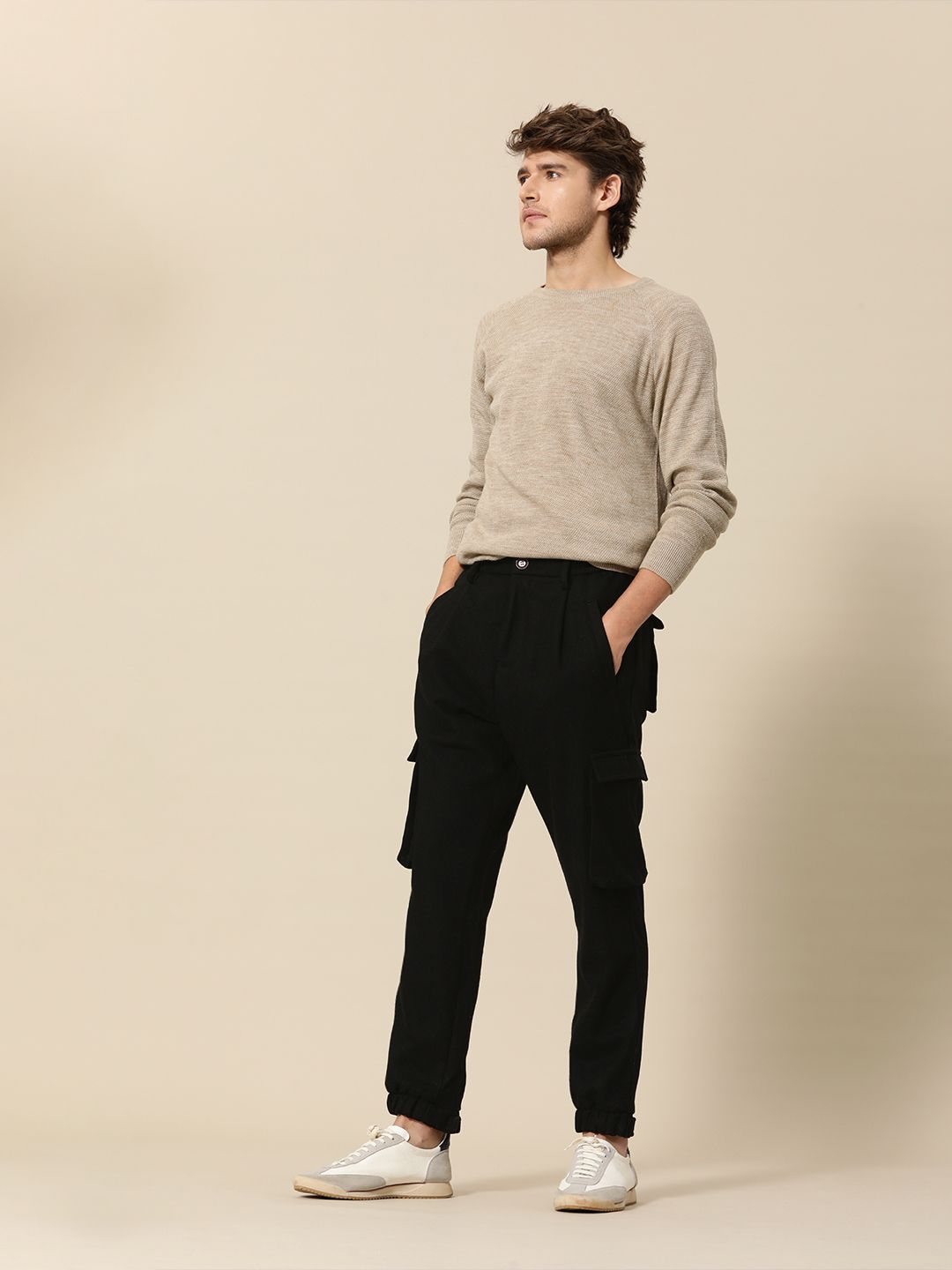 Mr Bowerbird Men Black Solid Liberal Fir Pleated Cargos