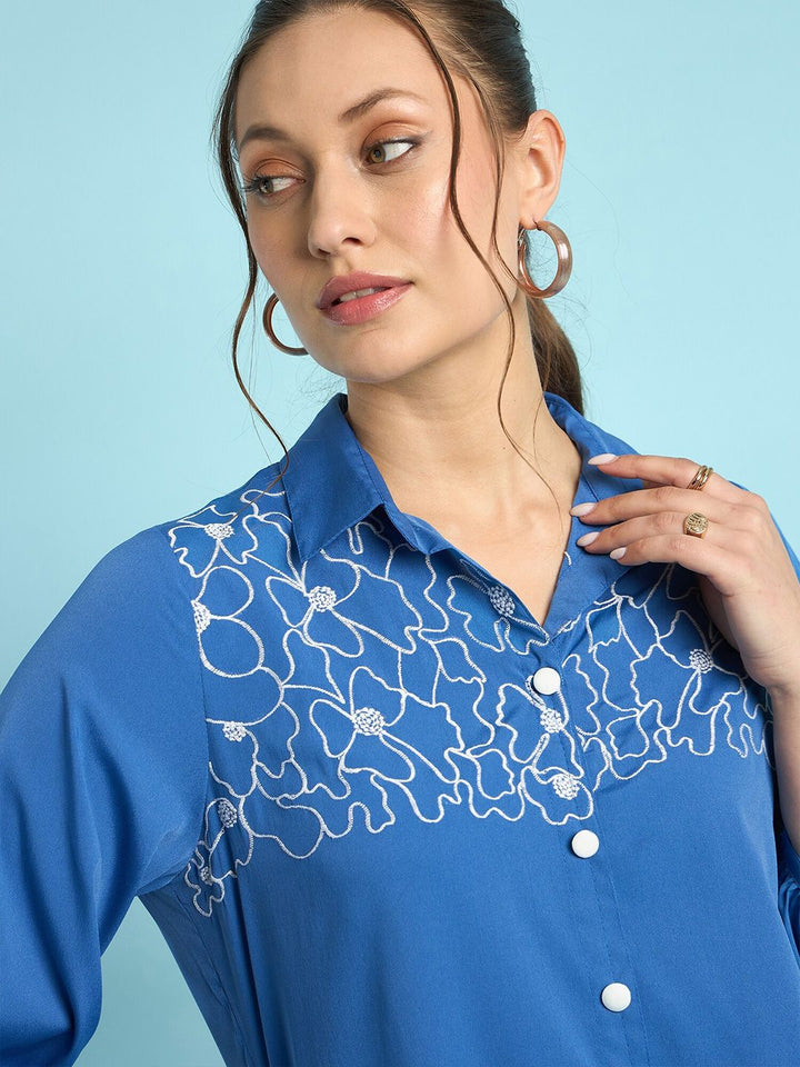Antheaa Blue Floral Embroidered Shirt Collar Puff Sleeves Shirt Style Top