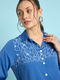 Antheaa Blue Floral Embroidered Shirt Collar Puff Sleeves Shirt Style Top