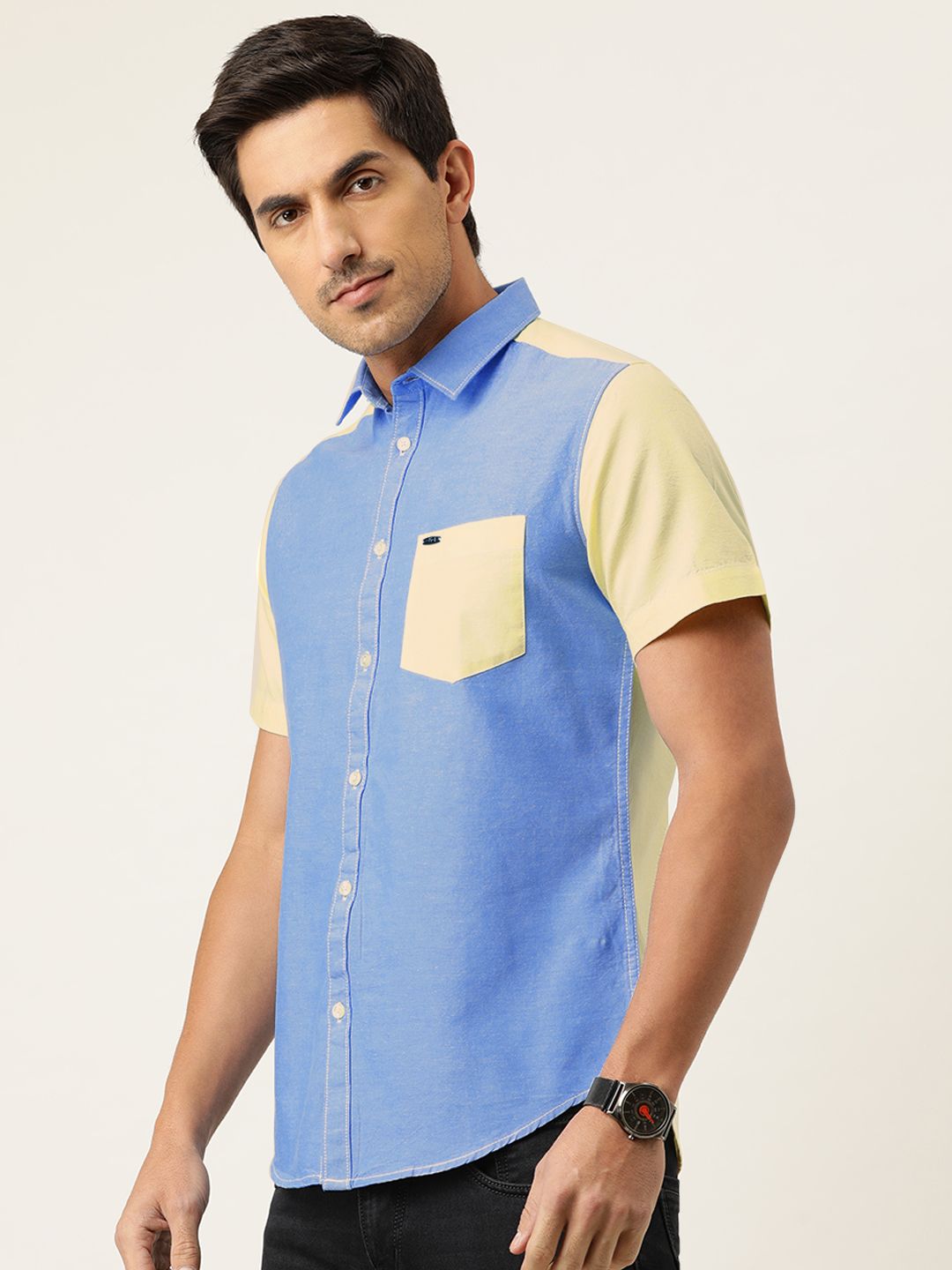 The Indian Garage Co Men Blue & Yellow Slim Fit Colourblocked Casual Shirt