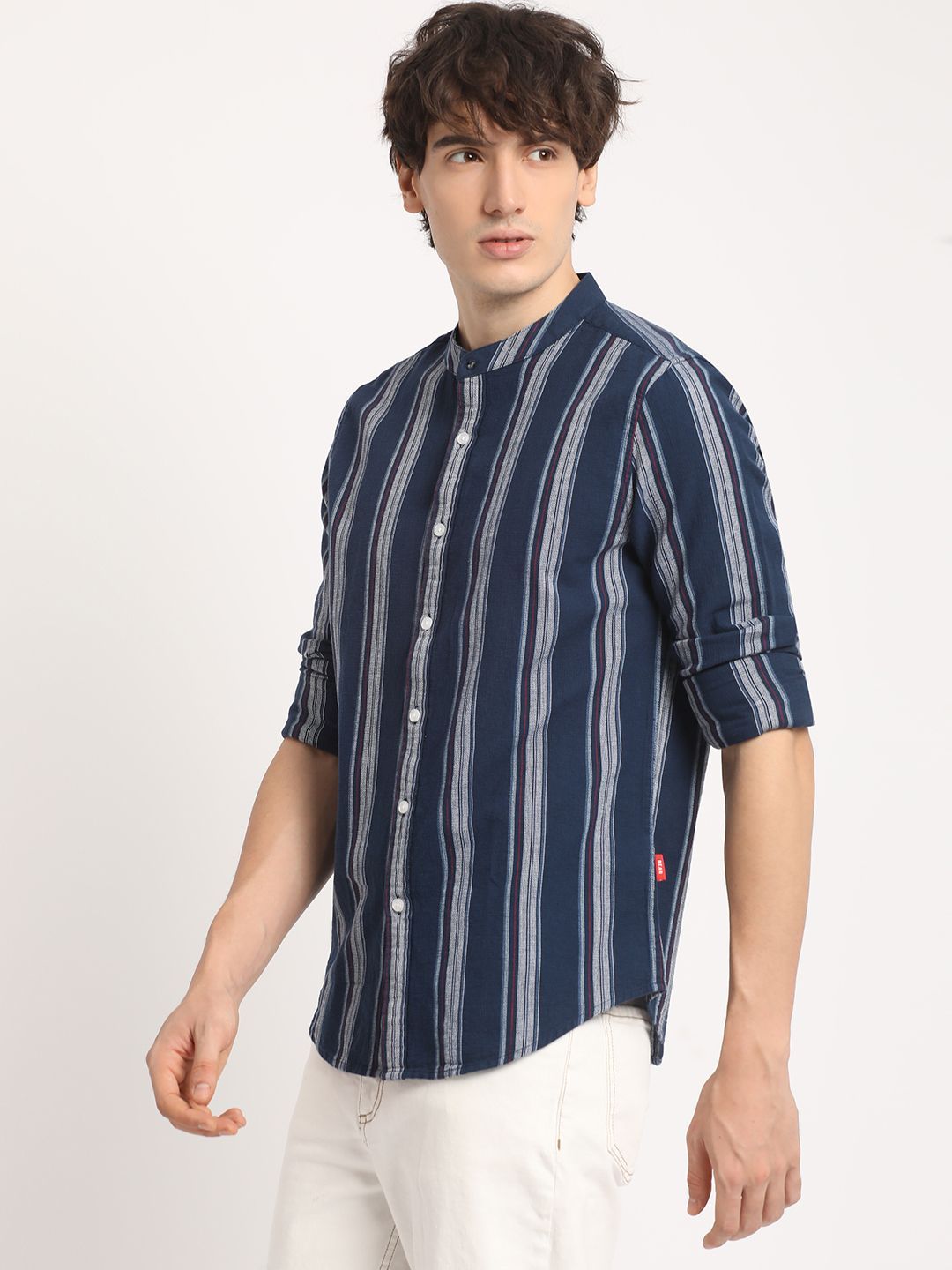 THE BEAR HOUSE Men Striped Slim Fit Mandarin Collar Casual Shirt