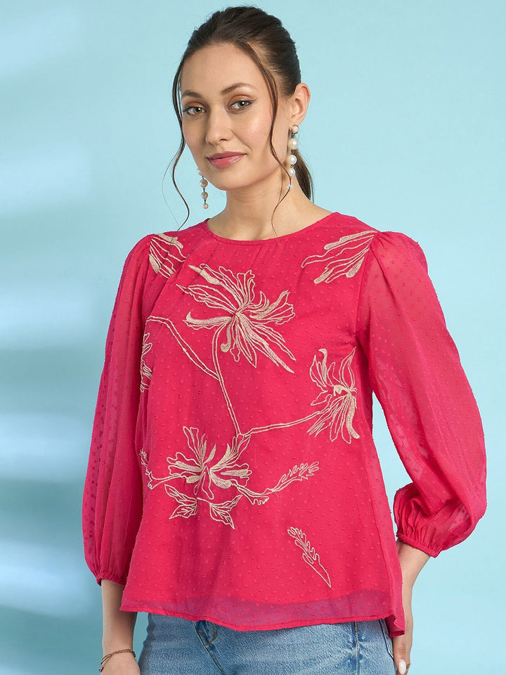 Antheaa Floral Embroidered Chiffon Top