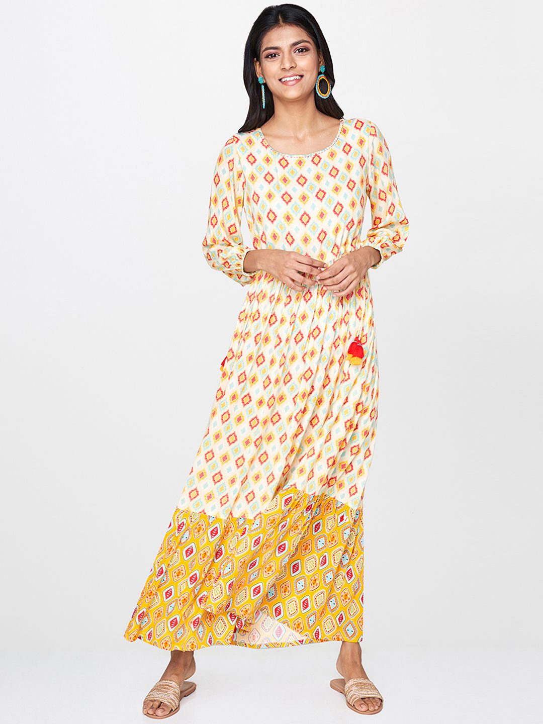Global Desi Women Off-White & Mustard Yellow Printed Maxi Dress