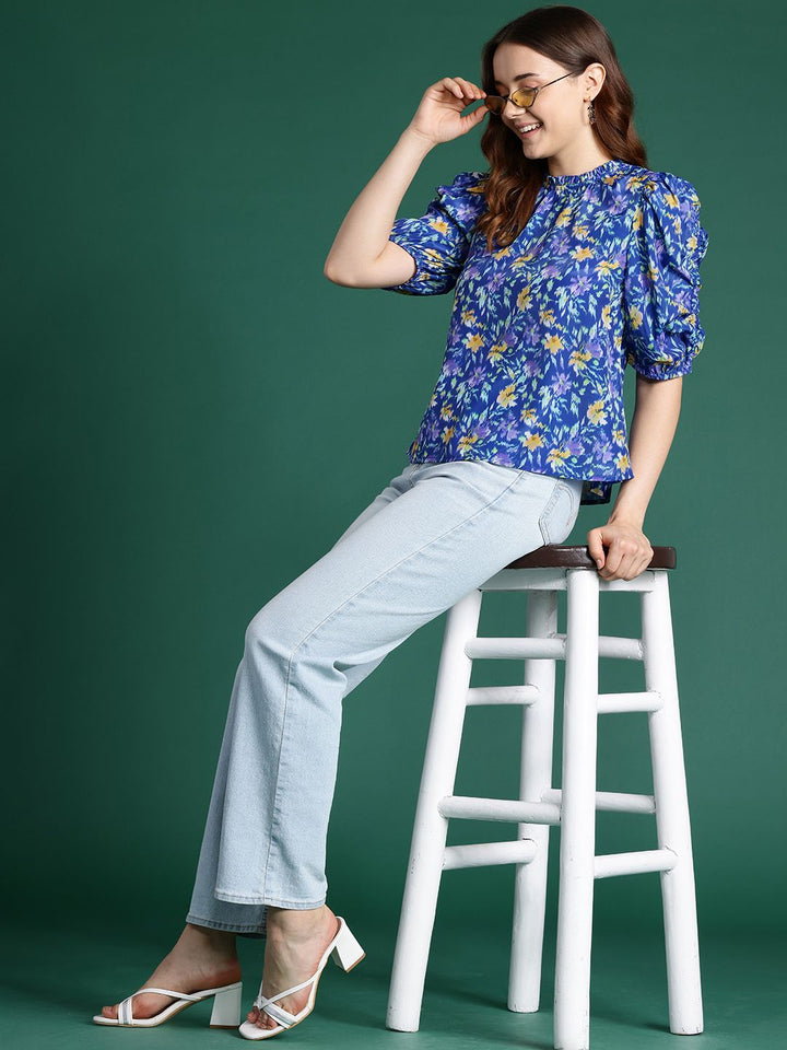 DressBerry Floral Print Puff Sleeve Ruffles Top
