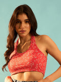 Berrylush Red Floral Printed Halter Neck Cotton T-shirt