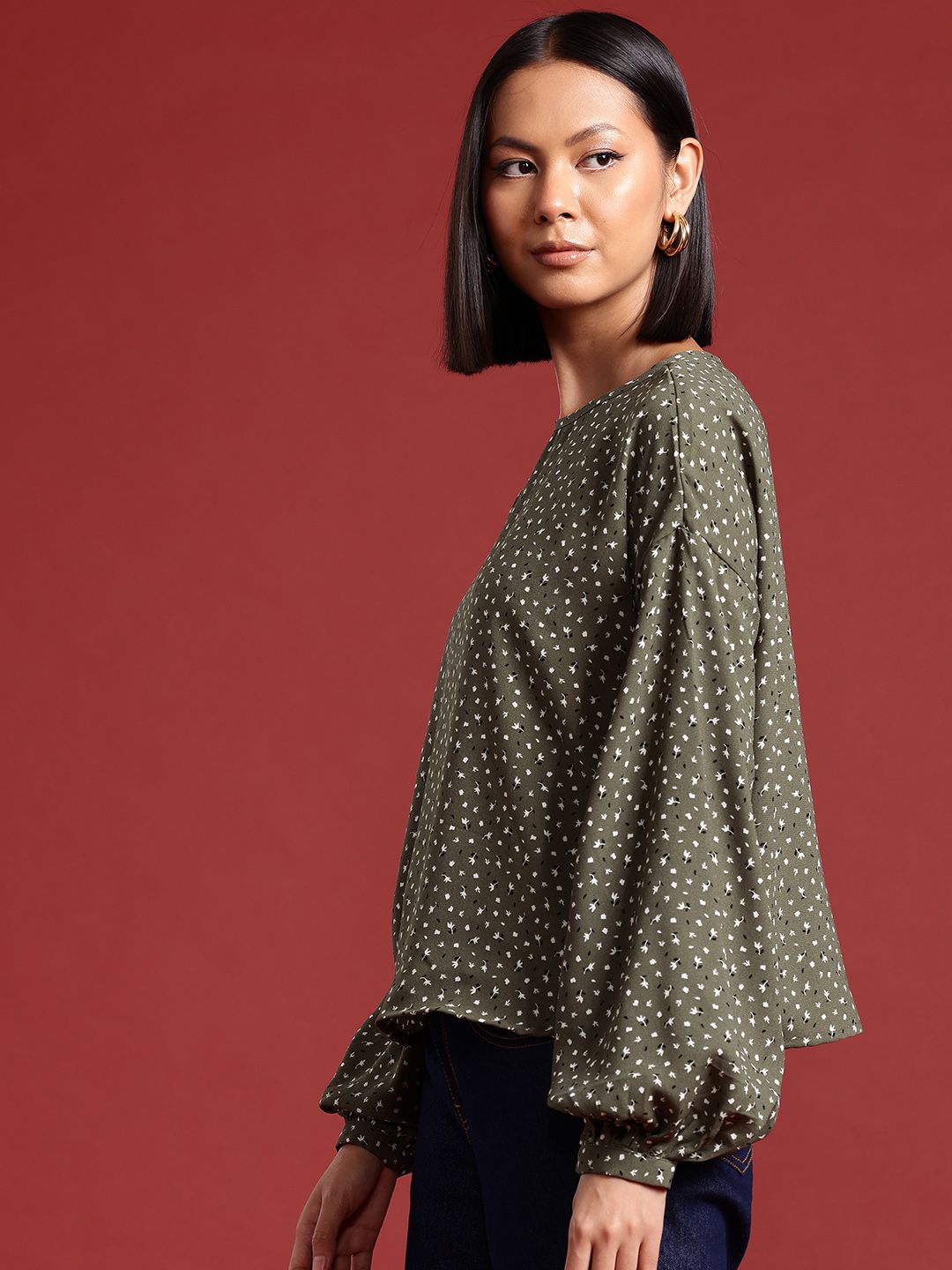 all about you Micro Print Puff Sleeves Top