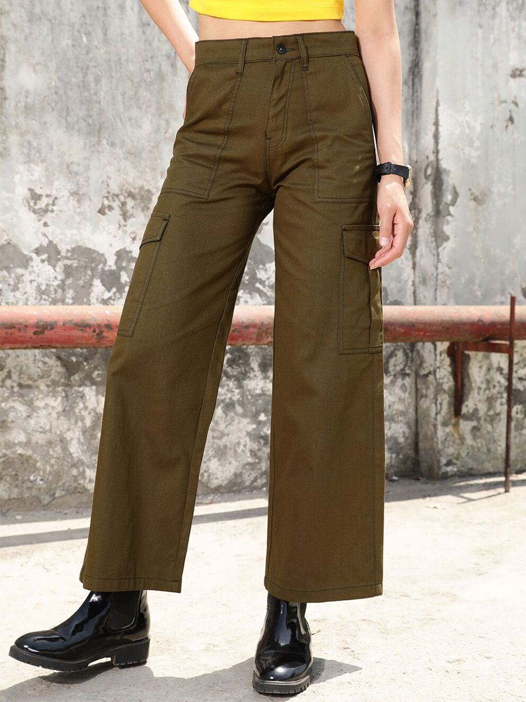 STREET 9 Women Olive Green Relaxed High-Rise Cargo Cotton Trousers