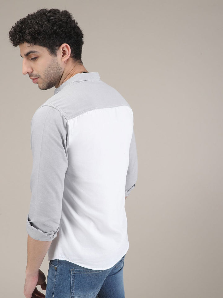 The Indian Garage Co Men Grey & White Slim Fit Colourblocked Casual Shirt
