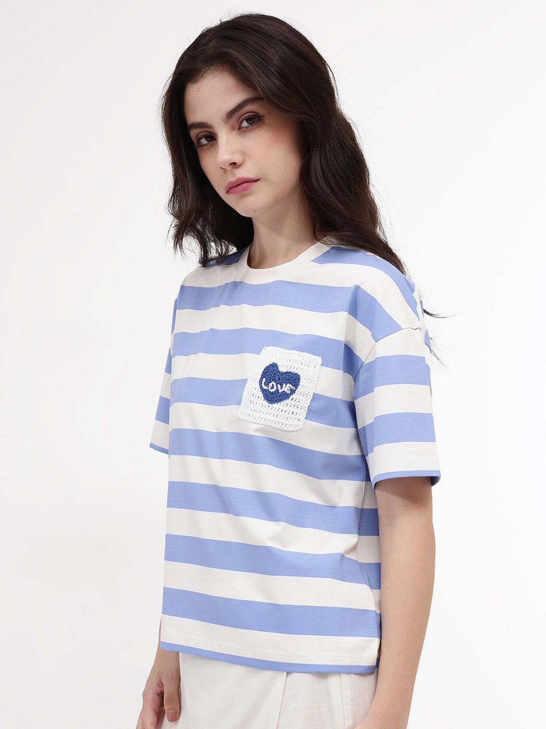 RAREISM Horizontal Striped Drop Shoulder Crochet Pockets Cotton Boxy T-shirt