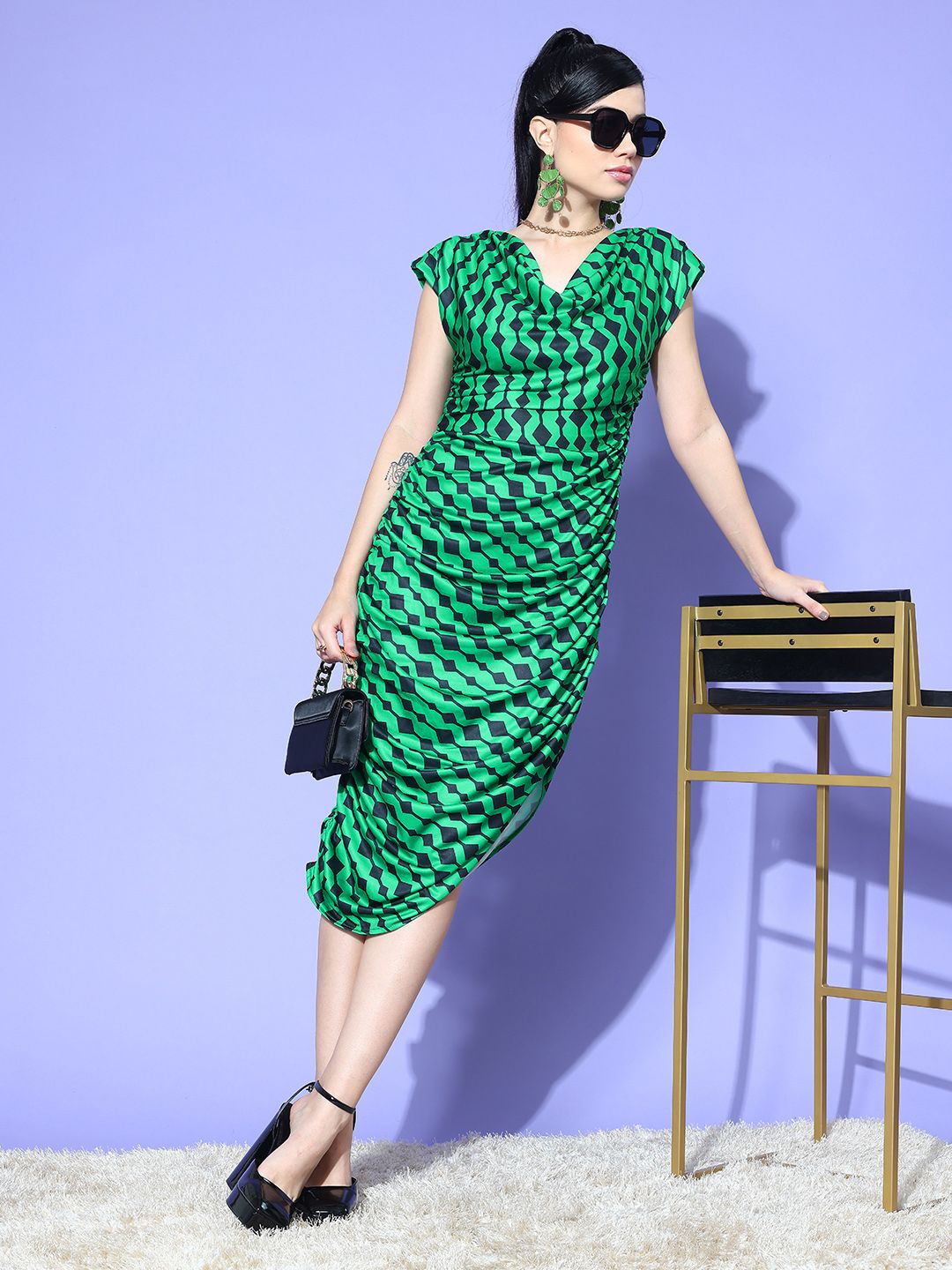 Antheaa Printed Cowl Neck Sheath Midi Dress