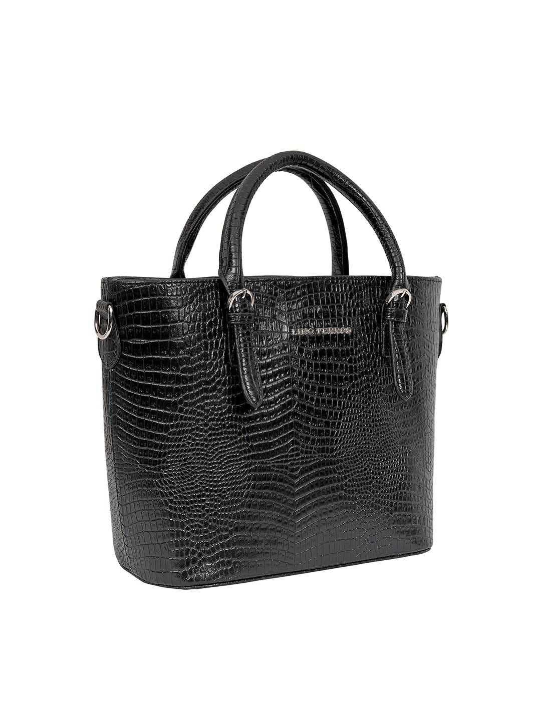 Lino Perros Black Croc-Textured Handheld Bag with Detachable Sling Strap
