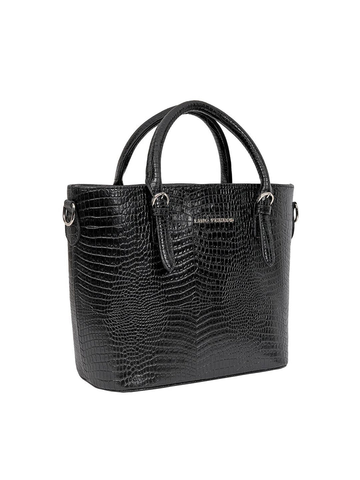 Lino Perros Black Croc-Textured Handheld Bag with Detachable Sling Strap