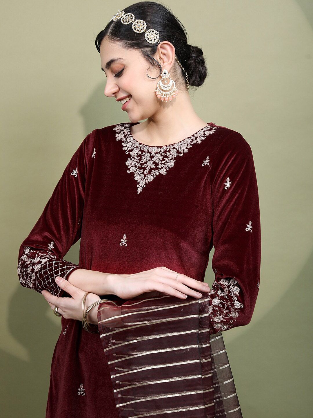 Vishudh Women Maroon Embroidered Knited Velvet Kurta & Trousers with Dupatta