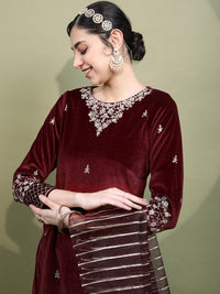 Vishudh Women Maroon Embroidered Knited Velvet Kurta & Trousers with Dupatta