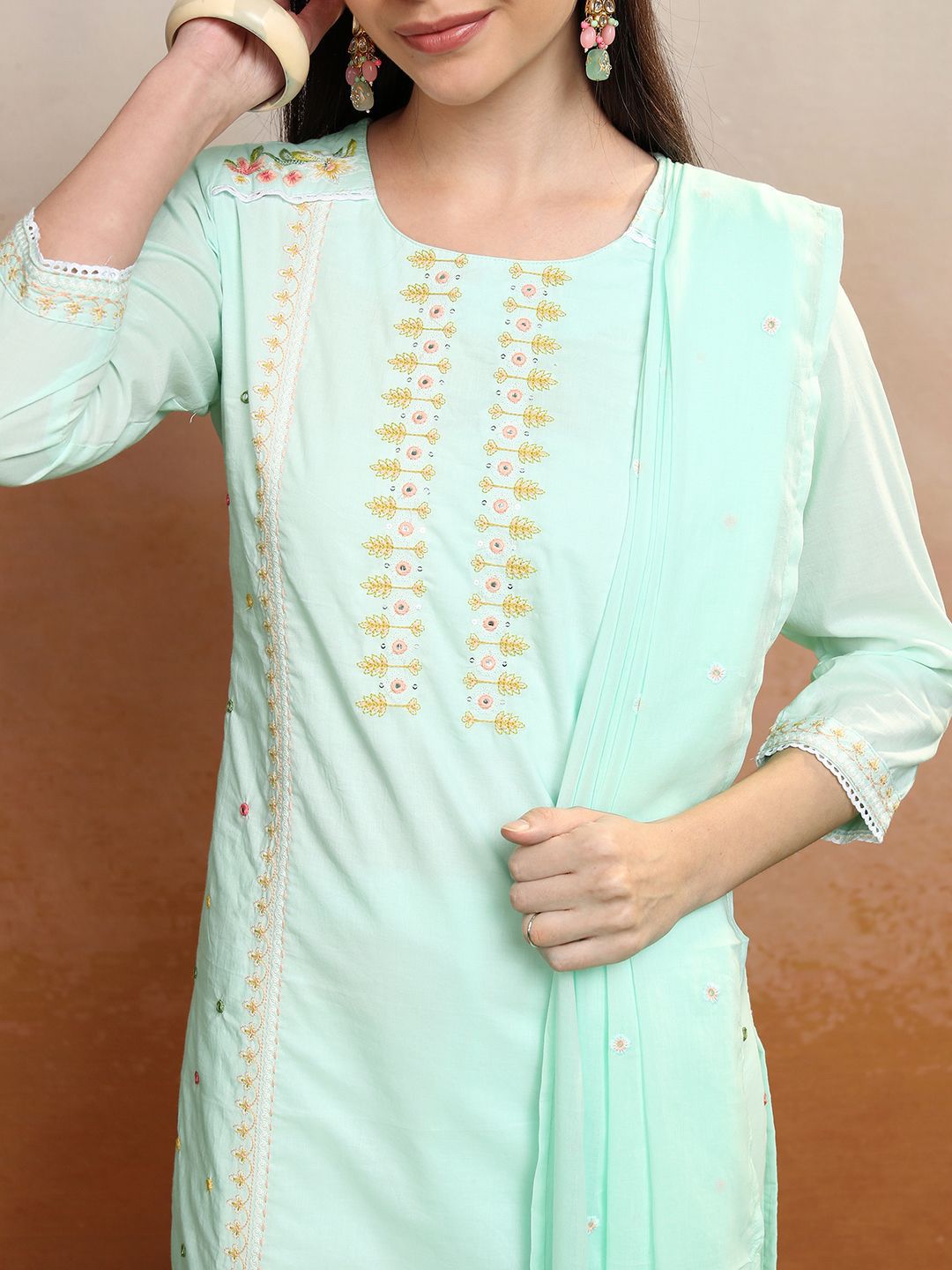 Vishudh Women Floral Embroidered Regular Pure Cotton Kurta with Trousers & With Dupatta