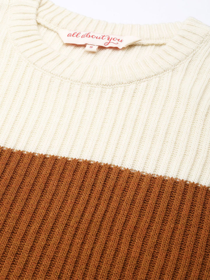 all about you Women Brown & Beige Colourblocked Pullover Sweater